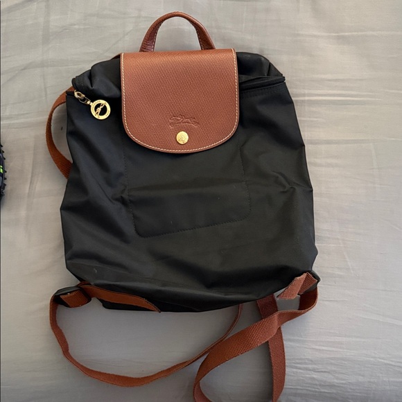 Longchamp Handbags - Longchamp Black Nylon Backpack with Brown Leather Trim